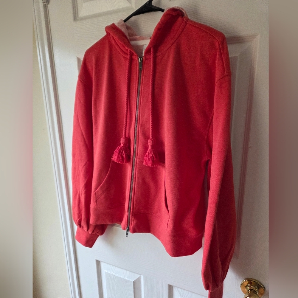 CABI Women's Deluxe Hoodie M Tangerine Coral Full Zip Tassle Drawstring - Picture 5 of 10
